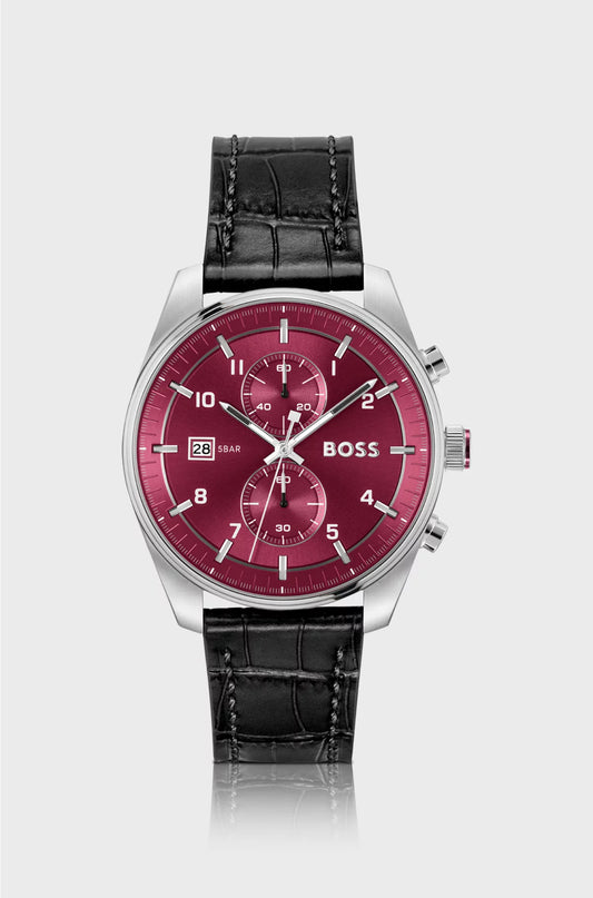 SILVER-TONE CHRONOGRAPH WATCH WITH ALLIGATOR-EMBOSSED LEATHER STRAP