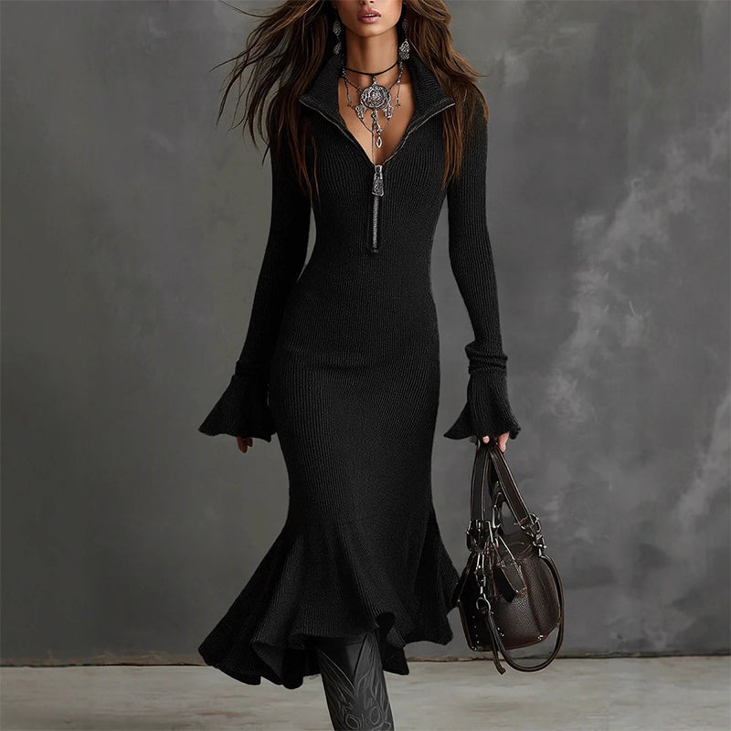🎁2026 New Arrivals 50% OFF💥Retro Zipper Neck Trumpet Sleeve Midi Dress
